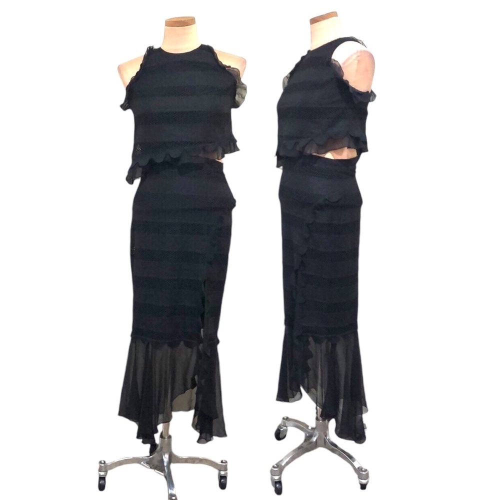 Jonathan Simkhai Midi Dress Size XS Black Mesh Cutout Ruffle Sheath